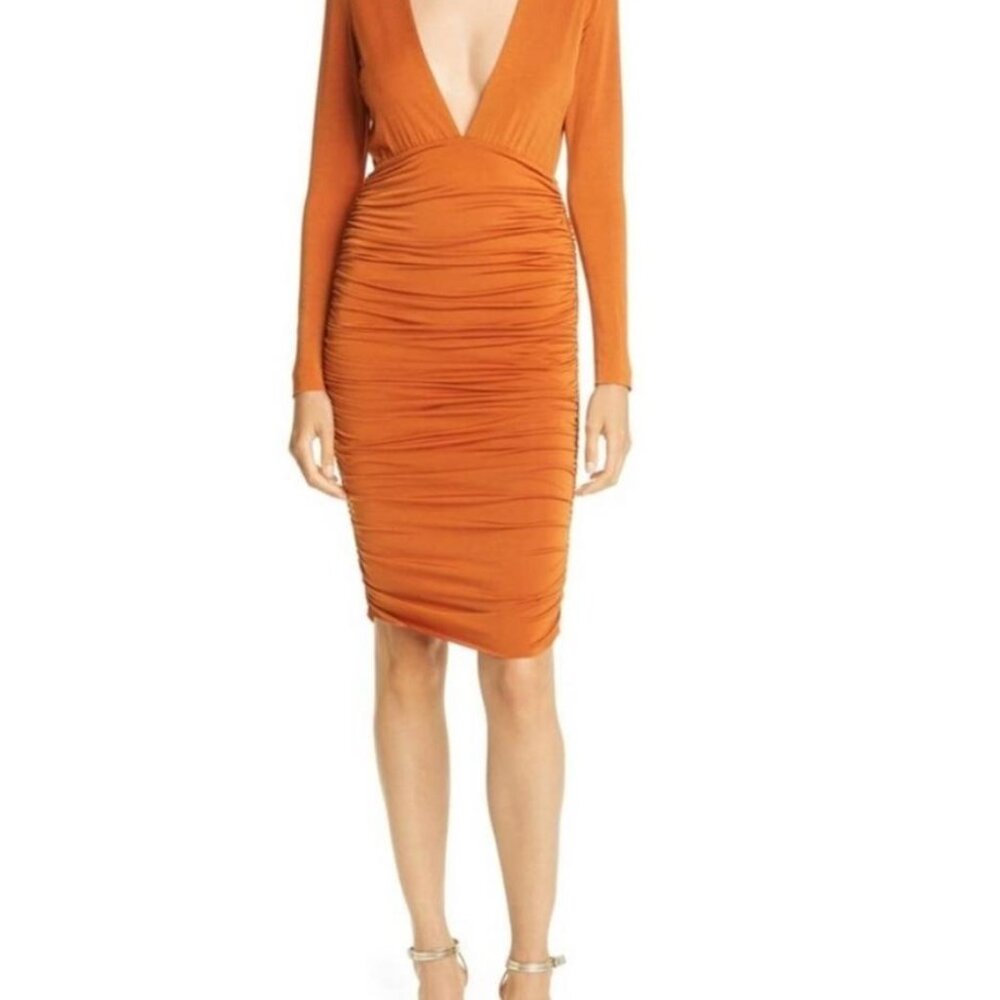 LE SUPERBE Womens La Lady Long Sleeve Ruched Plunge Body-Con Dress - XS - Rust